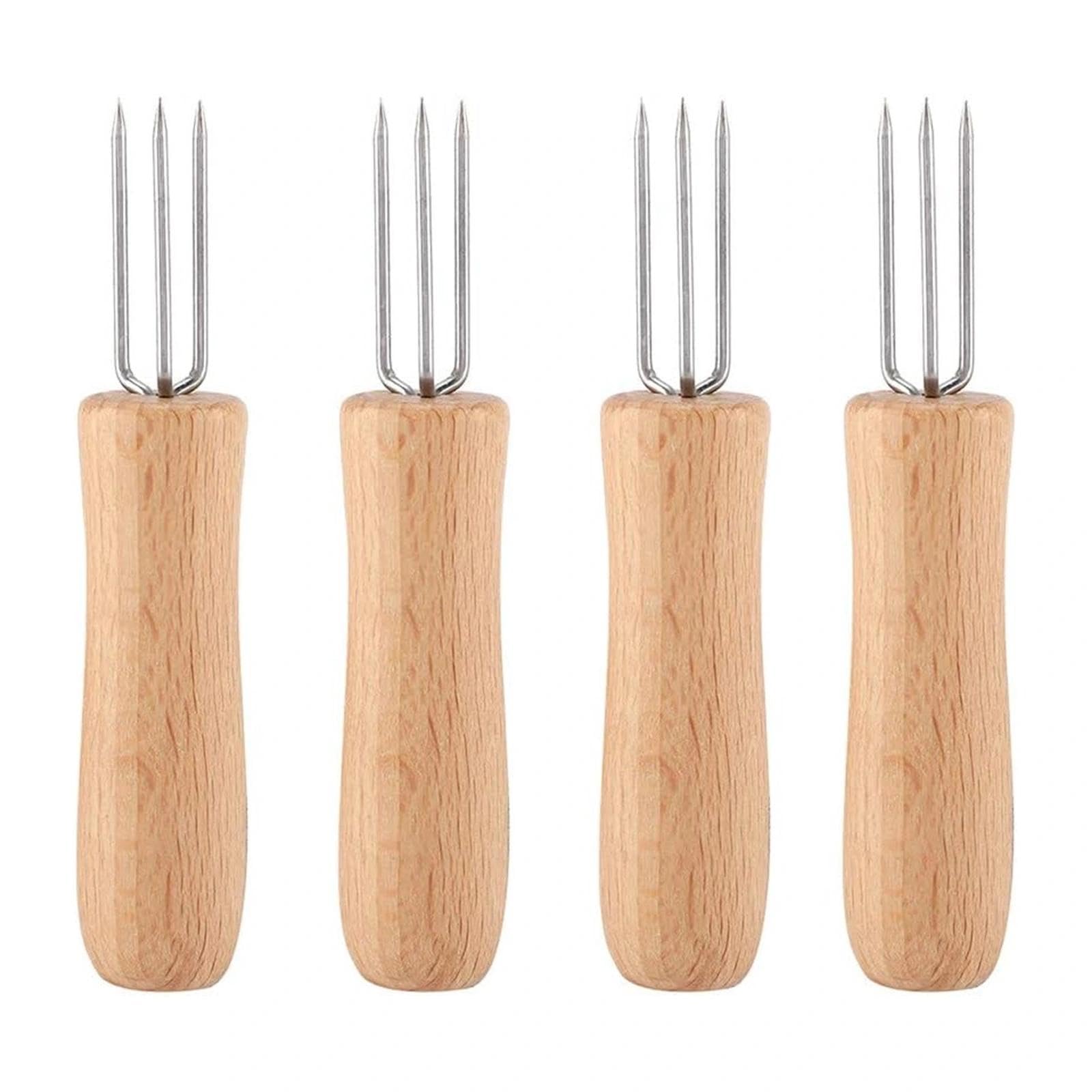 JYTDBCS 6Pcs Wooden Handle in The Cob Handlesstainless Steel Pickle Fork Stainless Steel BBQ Meat Fruit Forks Barbecue Corn Holder