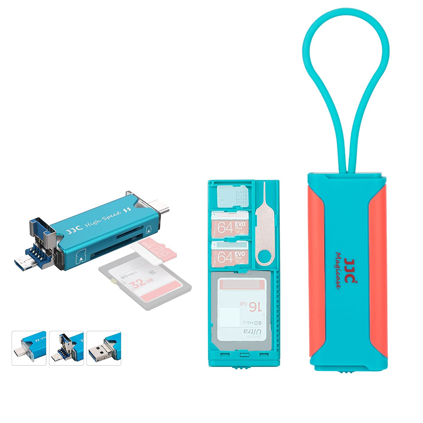 JJC Memory Card Case with USB 3.0 Multi-function Card Reader, Slim Portable Travel Holder Storage for 1 SD + 2 TF + 1 Nano SIM Card (Blue &Pink)