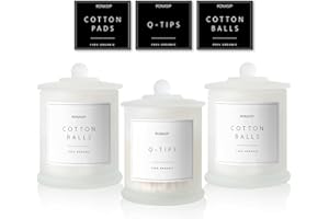 Ronasip 3 Pack Qtip Holder Dispenser, 16oz Bathroom Organizer and Storage Canisters, Glass Apothecary Jars with Lid - Home Decor, Room Decor Aesthetic (Frosted White)