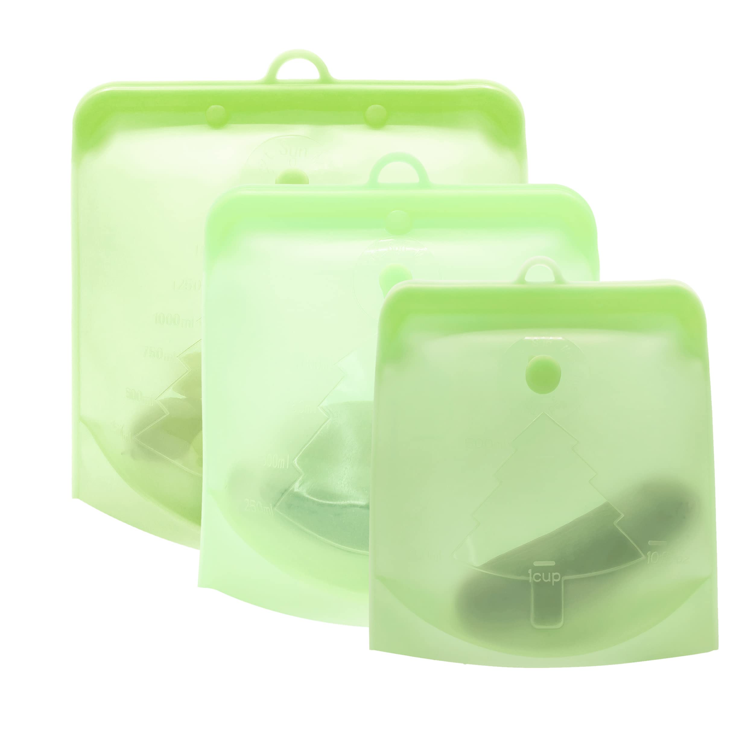 Zelten Silicone Reusable Storage Bag, (3 Units Set, Green) Lunch, Travel, Makeup, Gym Bag, Freezer, Oven, Microwave, Dishwasher Safe, Leakproof, Plastic Free