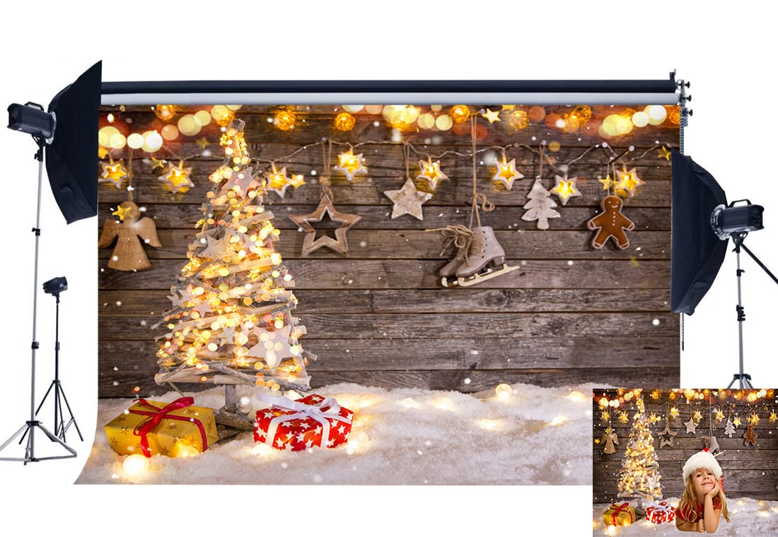 Haosphoto Christmas Tree Backdrop 7X5FT Vinyl Bokeh Lights Xmas Gifts Backdrops Twinkle Stars Heavy Snow Retro Wood Floor Winter Photography Background for Happy New Year Photo Studio Props YX878