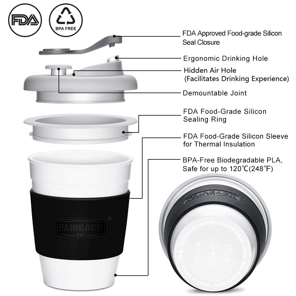 Faireach Tasse à Café Mug Café Écologique Réutilisable, Tasse à Boire à Emporter avec Couvercle Coffee-to-Go Gobelet Café avec Manche Antidérapante en PLA Biodégradable 340ML/12oz Noir