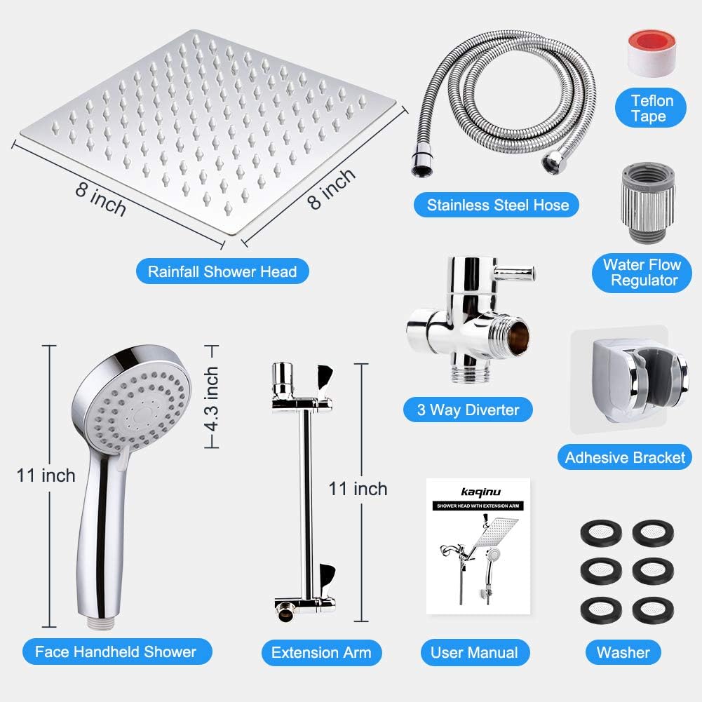 Kaqinu Shower Head, 8'' High Pressure Rainfall Shower Head / Handheld Showerhead Combo with 11” Extension Arm, Anti-leak Shower Head with Holder/ Hose, Flow Regulator, Chrome - - 