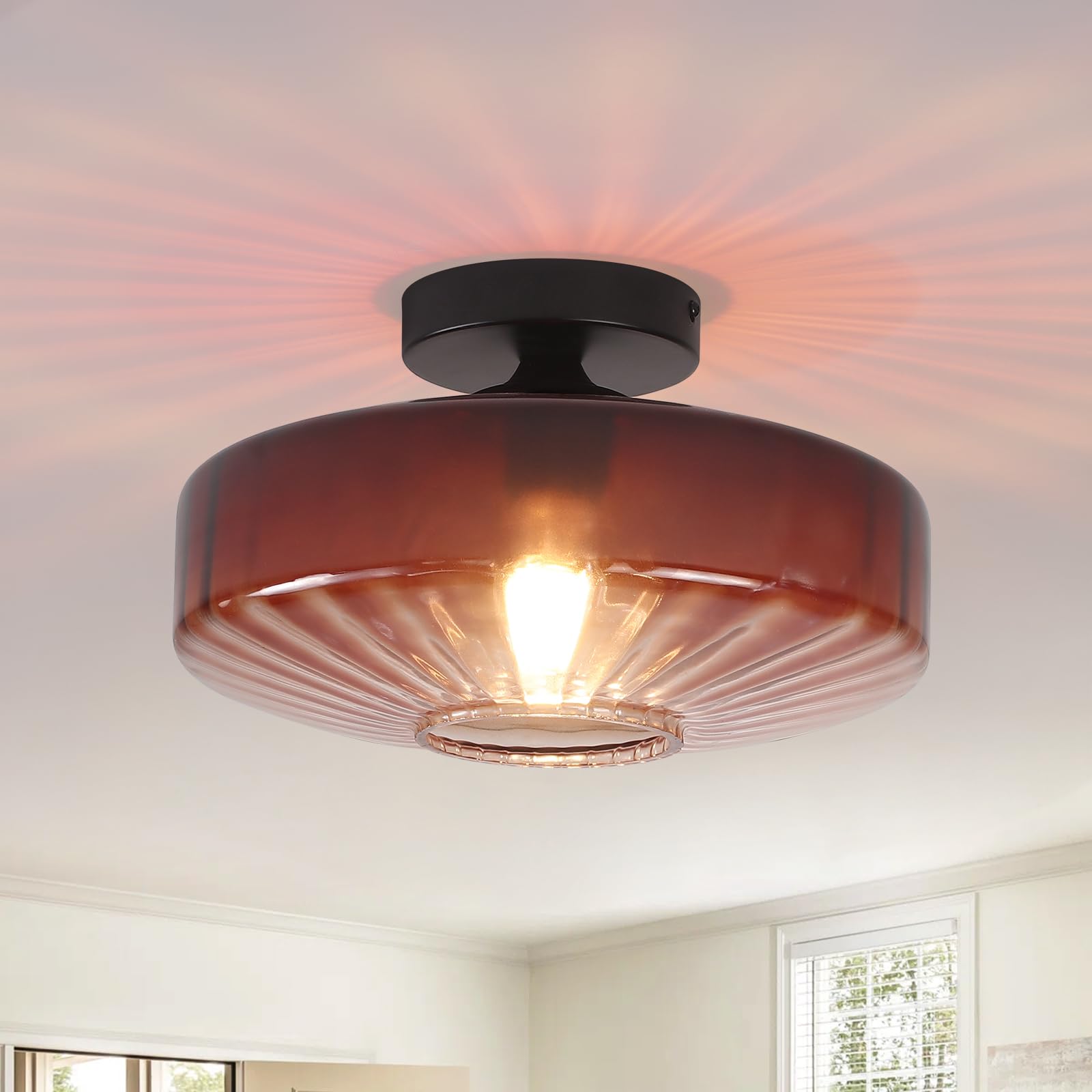 Photo 1 of Fanousek Mid Century Ceiling Light, 11.8 Inches Glass Semi Flush Mount Ceiling Light Retro Small Chandelier Mid Century Vintage Modern Coffee Glass Overhead Lighting E26