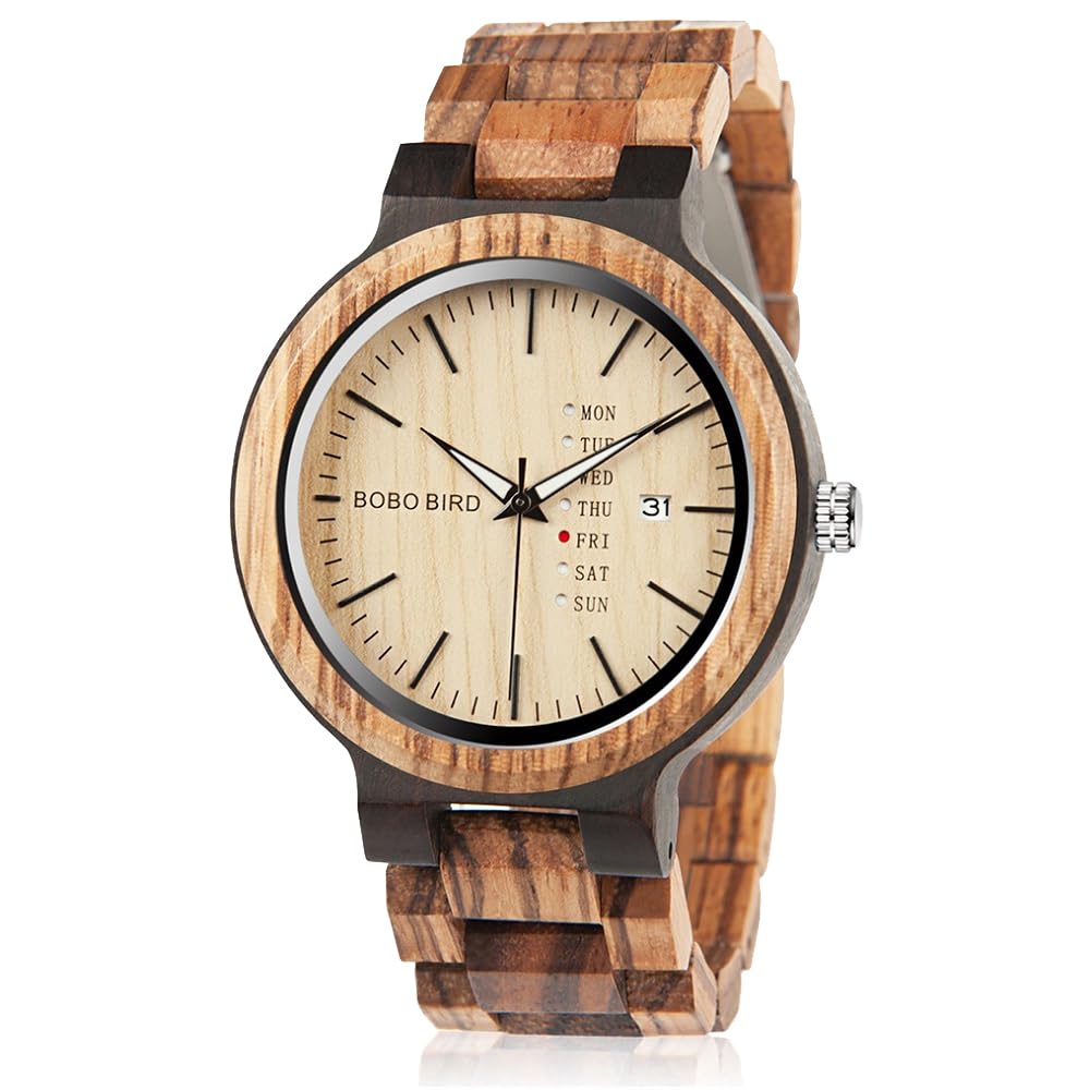 BOBO BIRD Mens Wooden Watch Analog Quartz with Week Display Lightweight Handmade Wood Wrist Watch for Men (Brown Dial)