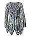 AELSON Women's Boho V Neck Print Romper Playsuit With Long Flare Sleeves,Blue,Large