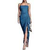 Floerns Women's Summer Long Dress Spaghetti Strap Ruched Ruffle Hem Going Out Party Cami Maxi Dresses