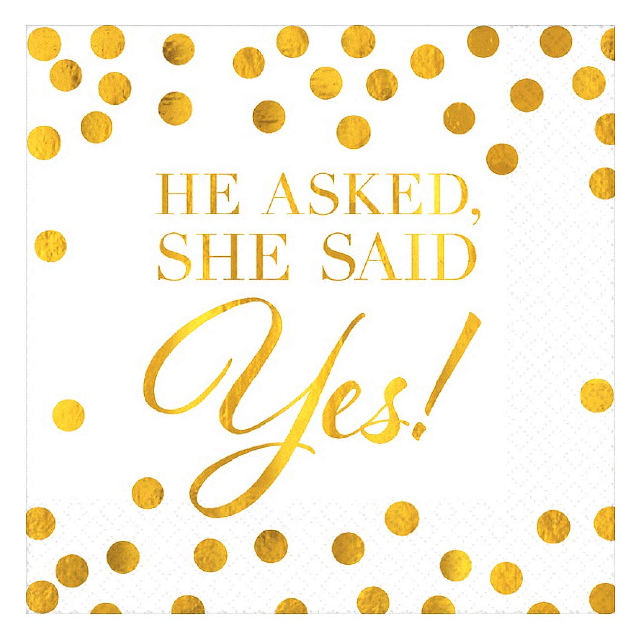 Elegant Gold & White "He Asked, She Said Yes!" Hot Stamped Beverage Napkins - 5" x 5" (Pack Of 192), Sturdy Paper Materials - Perfect For Weddings & Engagements Celebrations
