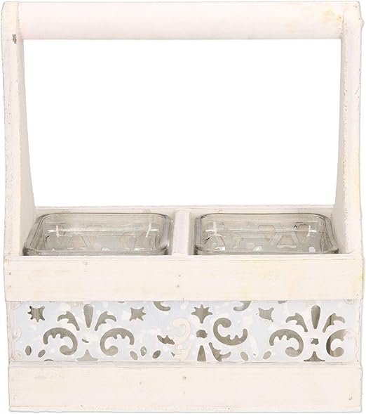 AmaCasa Cesta de Madera con asa en Color Blanco y 2 Vasos 18 x 9,5