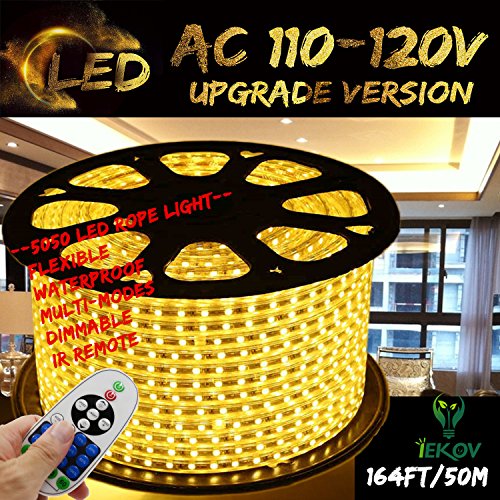 IEKOV Warm White Color LED Strip Light, Trade; AC 110-120V Flexible/Waterproof/Multi-Modes Function/Dimmable SMD5050 LED Rope Light with Remote for Home/Office/Building Decoration (164ft/50m)