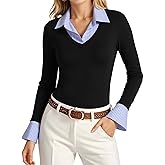 Tankaneo Womens Long Sleeve Polo Shirts Business Casual Work Tops Slim Fit V Neck Collared Patchwork Fall Outfits