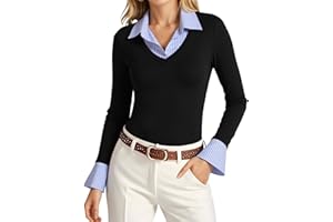 Tankaneo Womens Long Sleeve Polo Shirts Business Casual Work Tops Slim Fit V Neck Collared Patchwork Fall Outfits