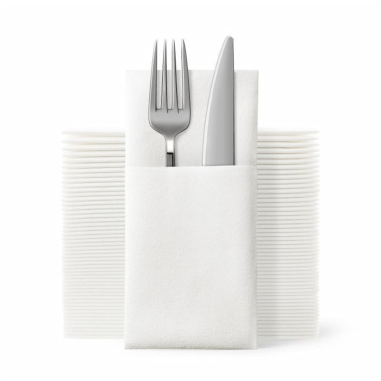 JEBBLAS Disposable Cloth Like Napkins Built-in Flatware Pocket,Wedding Party Linen Feel White Napkin, Prefolded for Silverware,50 Count