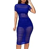 Women See Through Bodycon Dress - Sexy 3 Piece Outfits Cami Top Shorts Ruched Sheer Mesh Midi Party Dress