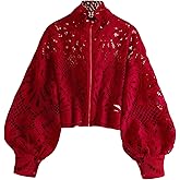 WDIRARA Women's Hollow Out Lace Zip Up Blouse Long Lantern Sleeve Crochet Shirts