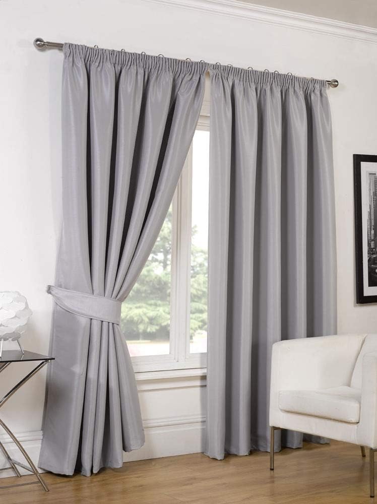 RAYYAN LINEN Thermal Pencil Pleat Blackout Tape Top Pair of Curtains With Free Tiebacks (46" X 54", Silver)
