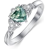 Wildari Celtic Trinity Knot Ring for Women 925 Sterling Silver Irish Claddagh Ring with Heart Natural Moss Agate/Birthstone Delicate Promise Ring Anniversary Ring Irish Jewelry for Women