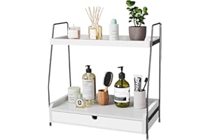 MONVANE 2-Tier Bathroom Organizer Countertop - Solid Wood Bathroom Counter Organizer with Drawer, Simple Standing Vanity Tray for Bathroom Organization and Bathroom Storage (White and Black)