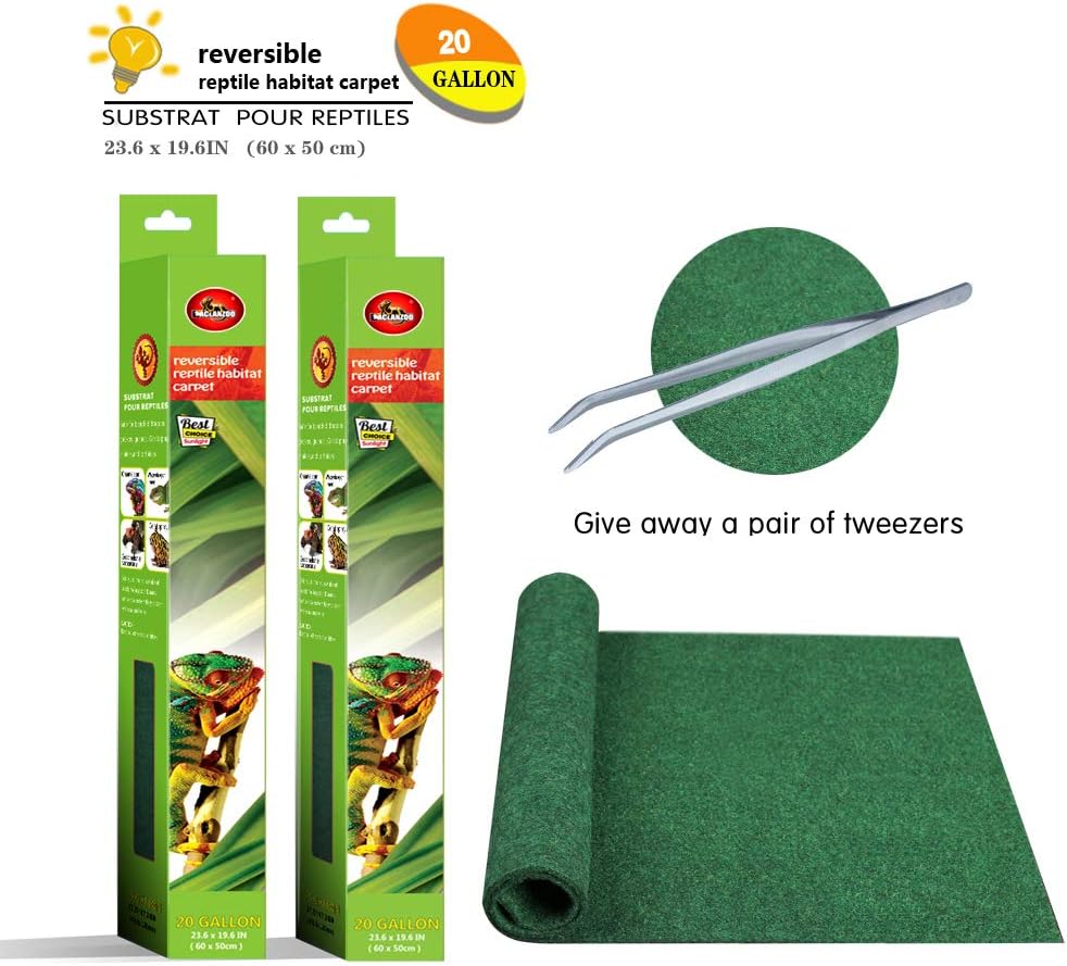 MCLANZOO 2PCS 23.6INX19.6IN Reptile Carpet,Pet Terrarium Liner,Reptiles Cage Mat/Substratefor Snakes, Chameleons, Geckos ands Kitchen Use with Tweezers Feeding Tongs