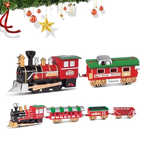 Womdee Retro Electric Christmas Train Set with Lights & Realistic Sounds, Electric Railway Tracks Toy Sets - 4 Carriages & 8 Tracks, Battery Operated Xmas Train Toy Gift for Kids Boys Girls