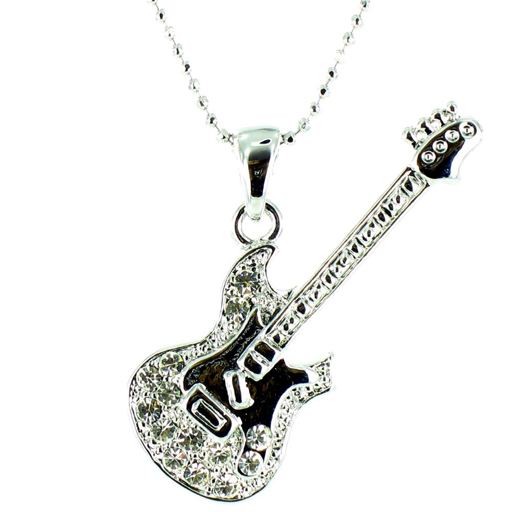 Clear Crystal on Silver Plated Rock Star Guitar Pendant Necklace