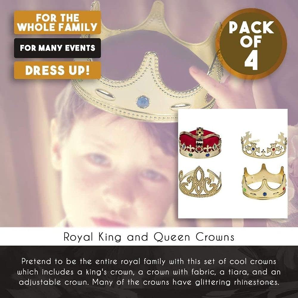 Gold Crown - 4-Pack Royal King and Queen Jeweled Costume Accessories, Party Hat: Clothing