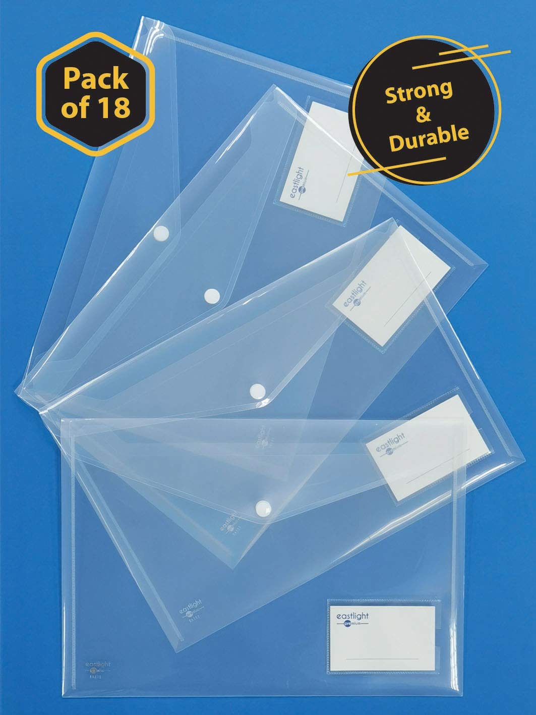 Eastlight Clear A4 Plastic Wallets, Folders Document Popper Files Wallets with Pocket [ Pack of 18 ]