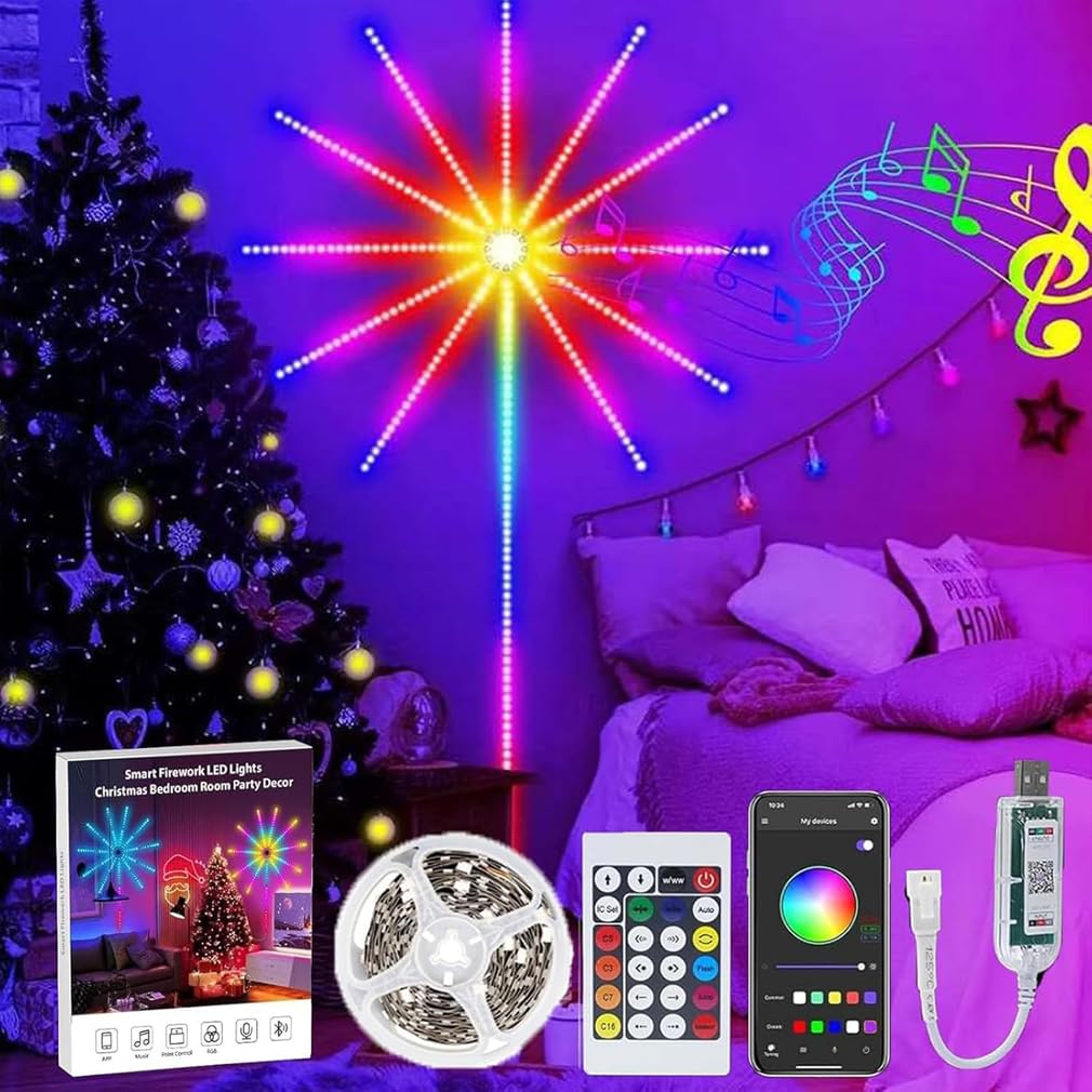 WiFi Bluetooth Smart Fireworks LED Strip with Music/Mic Sync, Remote & APP Control - RGB Color Changing Sparkler Lights Outdoor Tall for Christmas Decor