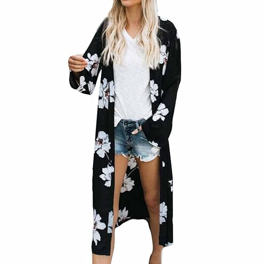 Women Elegant Long Sleeve Floral Kimono Cardigan Beach Cover Up Split Open Front Chiffon Jacket Blouse Tops