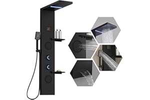 Homevacious 4 In 1 Shower Panel Shelf LED Rainfall Shower Head and Adjustable Massage Body Jets 3-Functions with Handheld Shower Tub Spout Stainless Steel Bathroom Shower Fixtures Matte Black