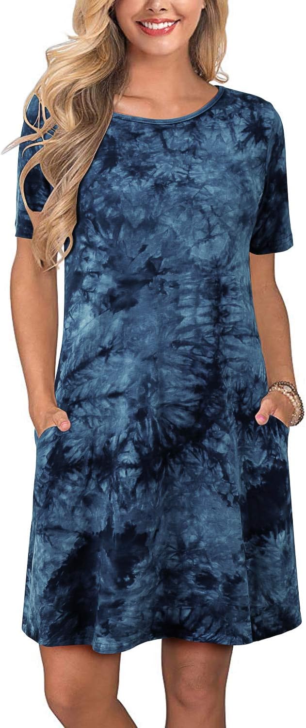 Women's Long/Short Sleeve Casual T Shirt Dresses Tie Dye Swing Pockets Dress