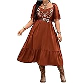 BEAUDRM Women's Plus Size Western Cowgirl Dresses Flowy Boho Maxi Dress Floral Embroidered Ruffle Short Sleeve Country Outfit