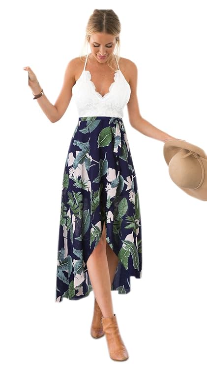 Blooming Jelly Damen Halter-Ansatz mit tiefem V Asymmetrisches Blumenkleid mit Spitze