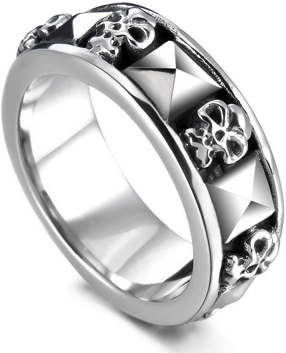 MunkiMix Stainless Steel Ring Band Silver Tone Black Skull Pyramid Men