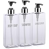 Segbeauty 3pcs Clear Soap Dispenser, 16.9oz Refillable Shampoo Conditioner Bottles, 500ml Empty Plastic Square Body Wash Dispenser for Shower Bathroom Press Pump Bottle Liquid Container Set