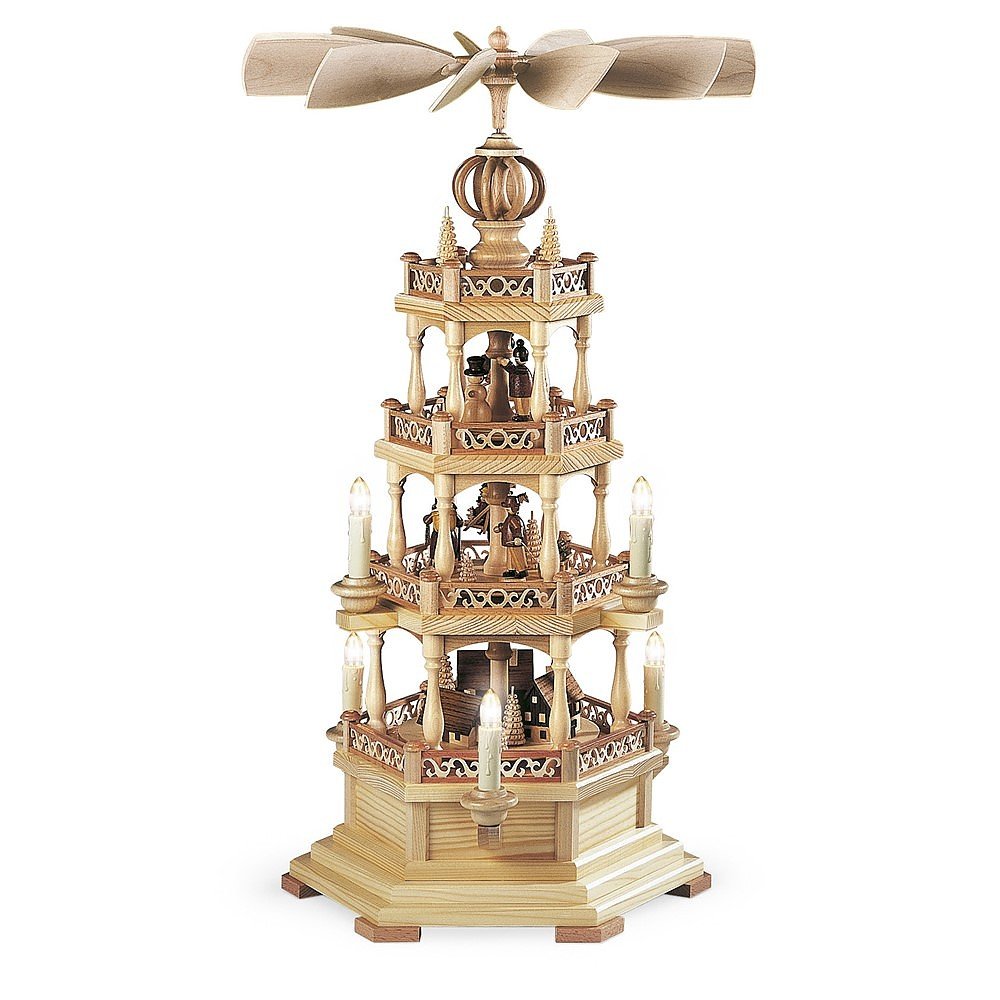 Müller German christmas pyramid Erzgebirge motif, 3tier, height 63 cm / 25 inch