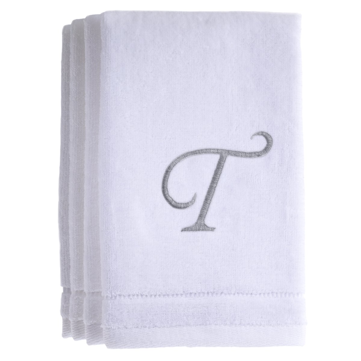 Monogrammed Towels Fingertip, Personalized Gift, 11 x 18 Inches - Set of 4- Silver Embroidered Towel - Extra Absorbent 100% Cotton- Soft Velour Finish - For Bathroom/ Kitchen/ Spa- Initial T (White)