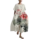 MARSVOVO Summer Casual Dresses Boho Floral Print Short Sleeve Loose Crew Neck Plus Size Party Dresses for Curvy Women