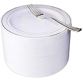 Nervure 204PCS Silver Plastic Plastes - 102PCS Disposable Silver Dessert Plates with 102PCS Plastic Forks Perfect for Salads, Desserts, Catering, Wedding & Parties