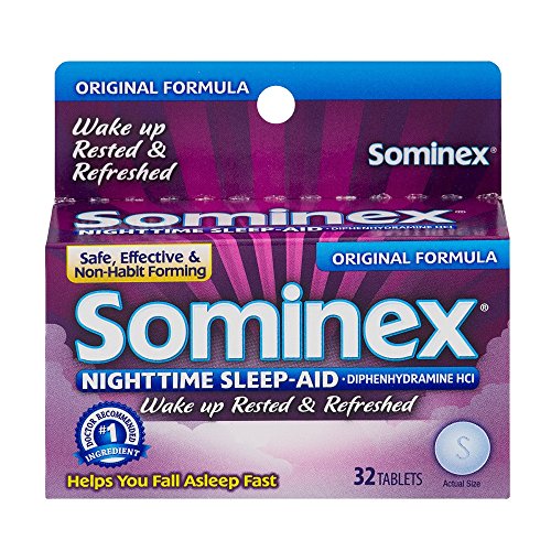 Sominex - Original Formula, Nighttime sleep-aid, 25 mg Diphenhydramine HCl, 32 tablets, Safe, Effective & Non-Habit Forming. Packaging May Vary