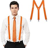 1 Inch Orange Suspenders for Men, Y Shape Suspender Set with 3 Strong Clips Adjustable Braces Y Shape with Strong Clips Adjustable Elastic Solid Color Suspenders, Yshape Costume Suspender, Orange