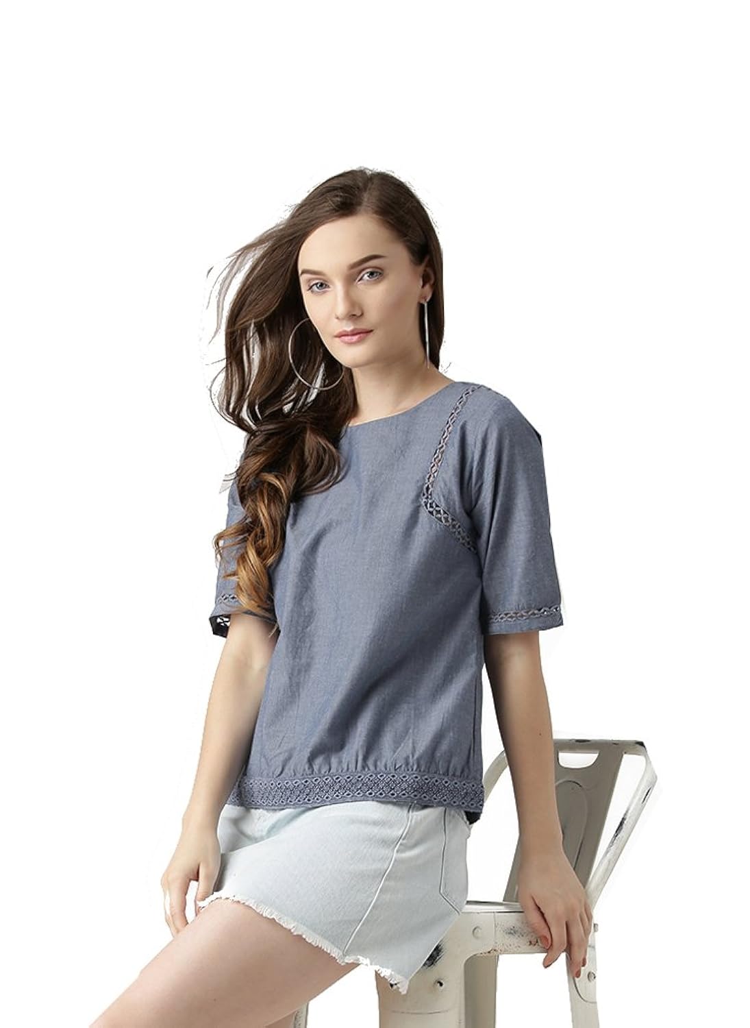 marie claire women blue chambray solid styled back top (mc675)