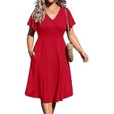 D.Q.RZhong Women's Plus Size V Neck Dress Short Ruffle Sleeve Casual Summer Waistline Tunic Midi Dress with Pockets