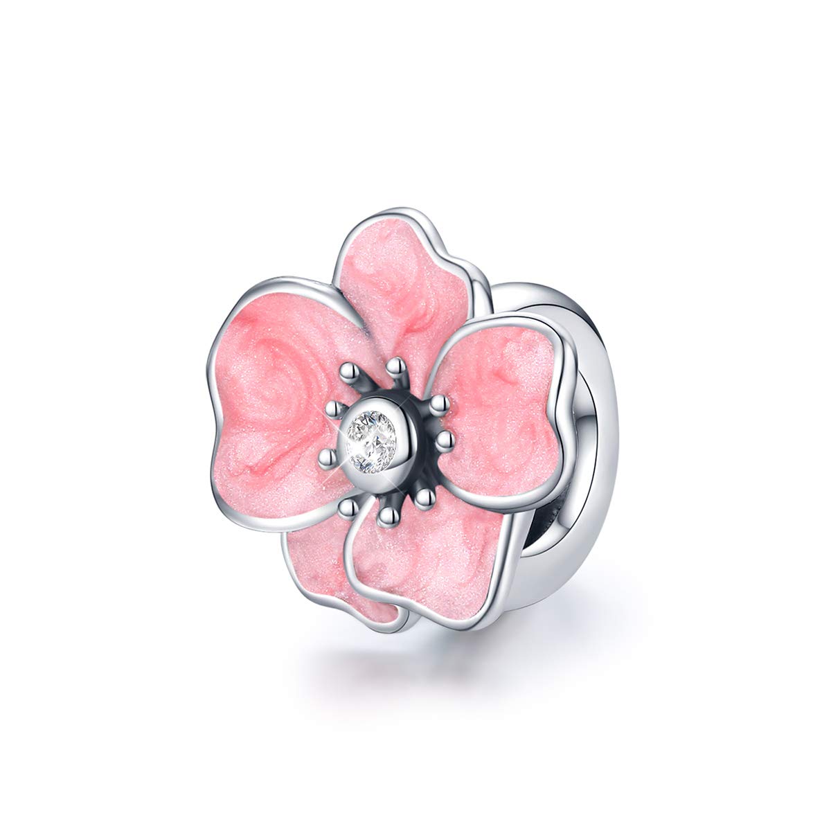 Pink Flower Spacer Bead 925 Sterling Silver Stopper Bead compatible with Pandora Bracelet Necklace