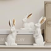 DN DECONATION Easter Decorations Bunny Figurines, White Resin Rabbit Statues with Gold Ears for Spring Easter Home Decor, Bunnies Sculptures for Table Centerpiece, Vintage Bunny Decor Gift