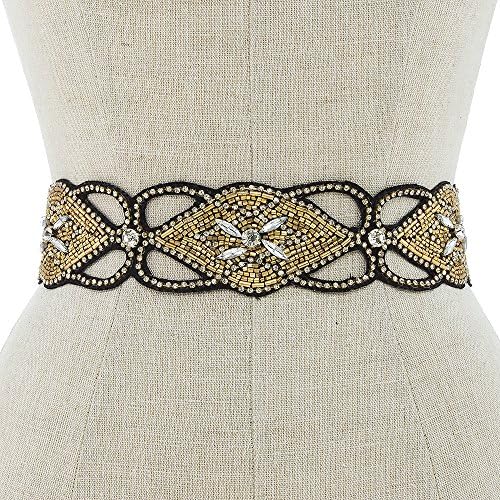 Marquise and Round Rhinestone Accent Stretch Belt (Gold)
