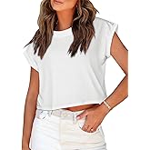 Summer Short Sleeve Crop Tops Womens Crewneck Roll Cap Sleeve T Shirts Loose Fit Basic Tees