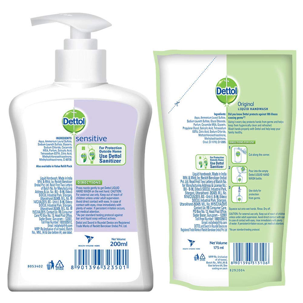 Dettol Liquid Sensitive Handwash - 200 ml with Free Dettol Original Liquid Hand Wash Pouch - 175 ml (Any Variant) : Beauty