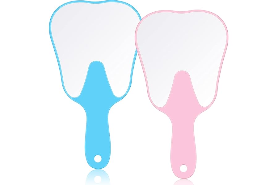 Jetec 2 Pieces Tooth Shaped Handheld Mirror Cute Makeup Mirror Hand Held Plastic Dental Mirrors with Handle Cosmetic Hand Mirror Back to School for Women Men Gifts(Pink, Blue)
