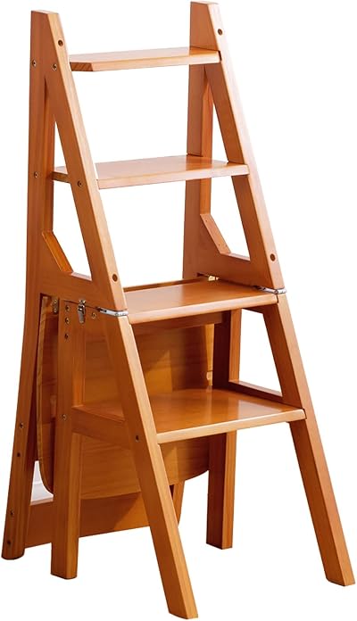 Earnmore Solid Wood 4-Step Folding Library Ladder Chair Stool Brown